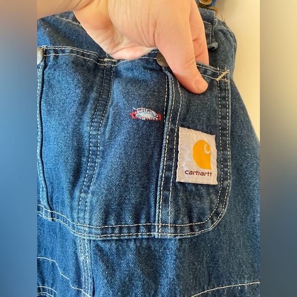 VINTAGE | Carhartt | Men's Loose Fit Washed Cotton Denim Bib Overalls - Picture 12 of 15